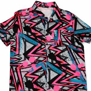 ROMWE Men’s M Neon Abstract Button Up Shirt Retro 80s Graphic Short Sleeve